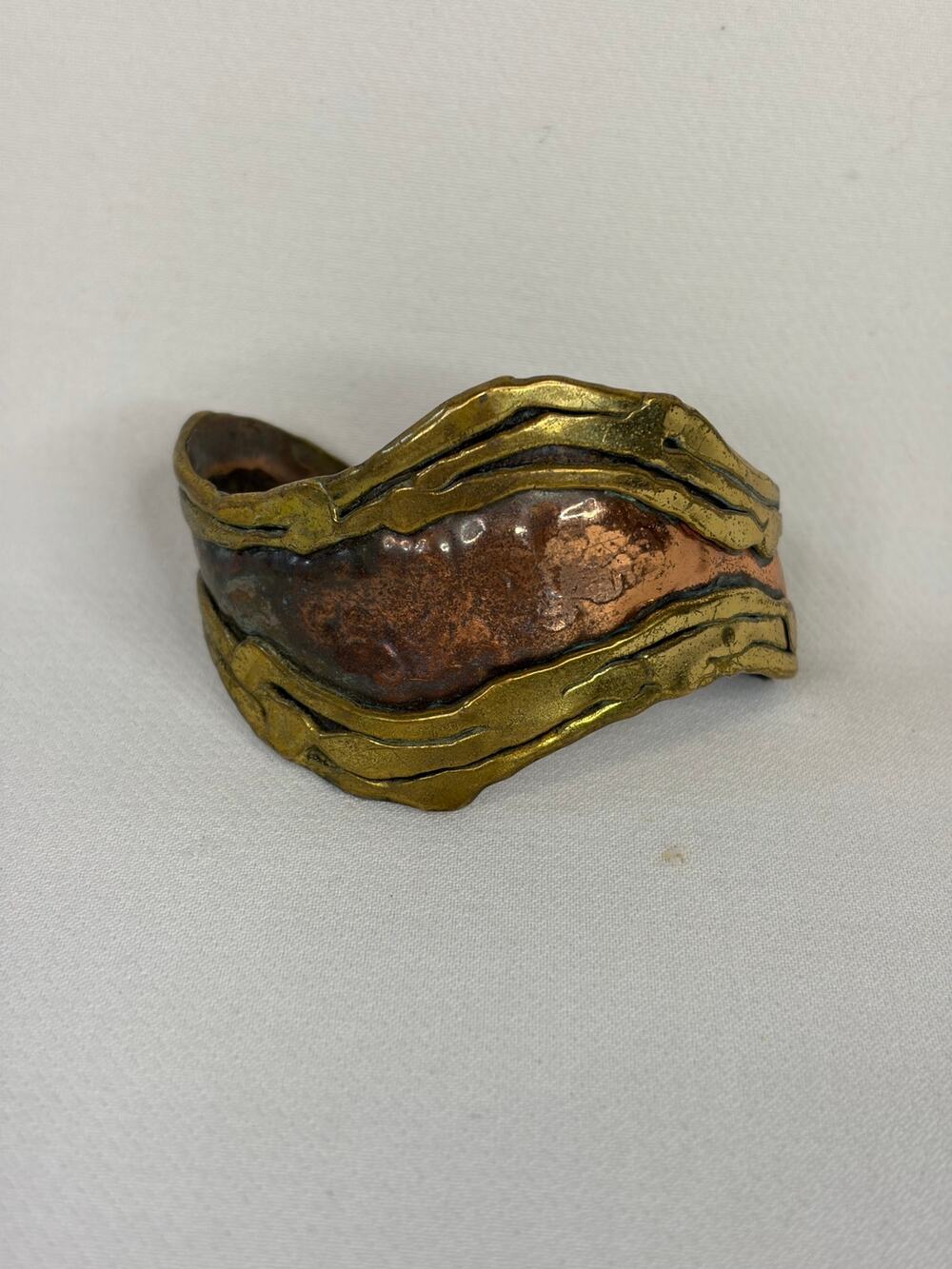 Copper Brutalist Cuff Bracelet Two Tone Vintage Artisan Made